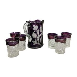 Antique Cambridge Glass Inverted Strawberry Pitcher and 6 Tumbler Set